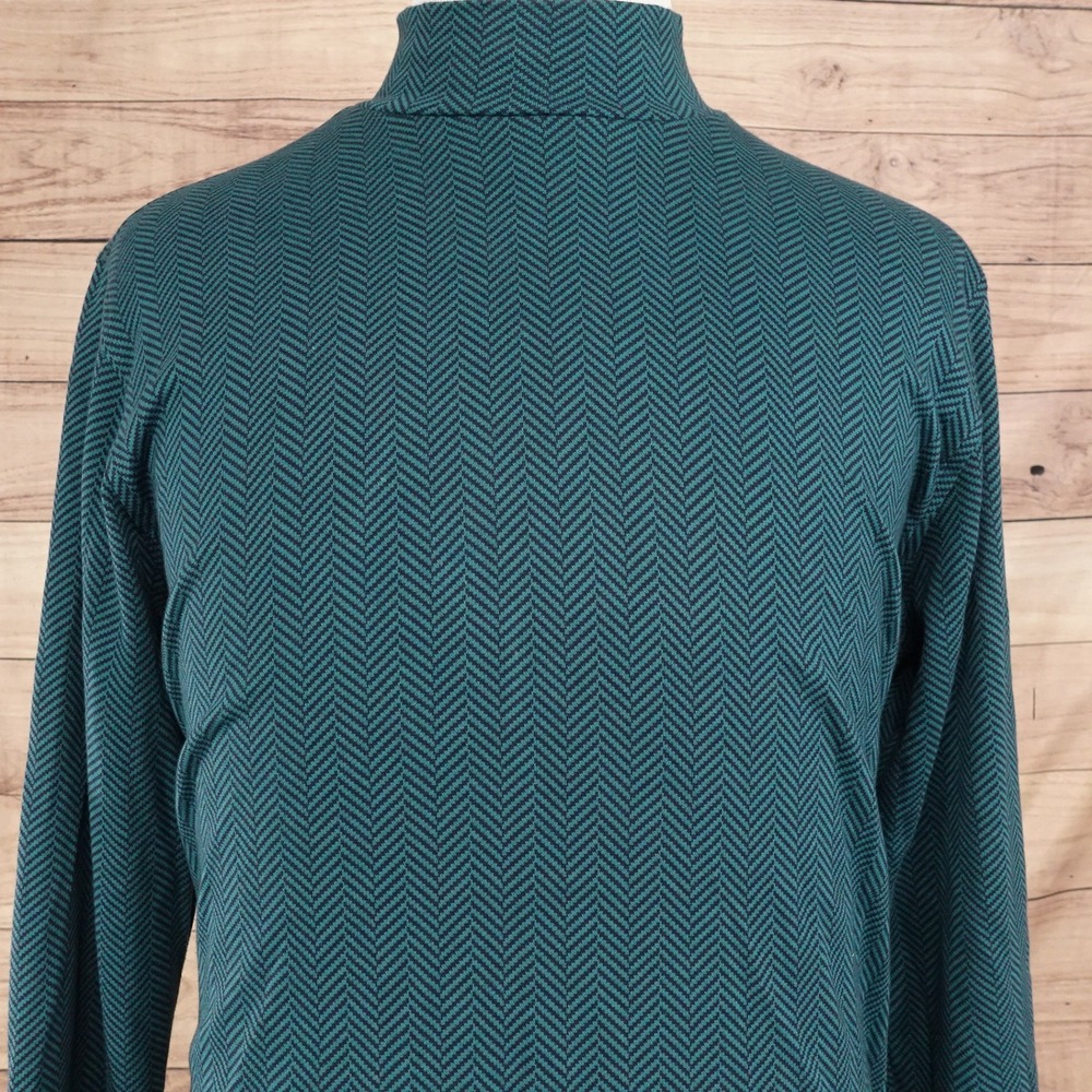 Lands End Mock Neck Shirt Mens L Teal Herringbone Supima Cotton 11615